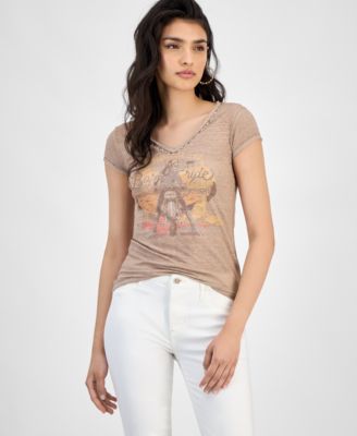 GUESS - Women's Burnout Moto Babe V-Neck Tee