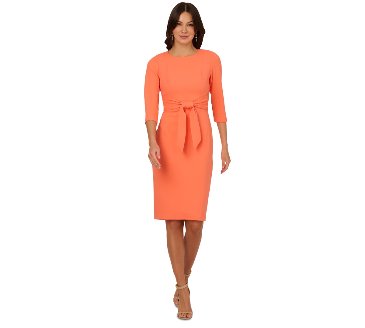 Women's Crepe Tie-Waist 3/4-Sleeve Sheath Dress - Orange Coral