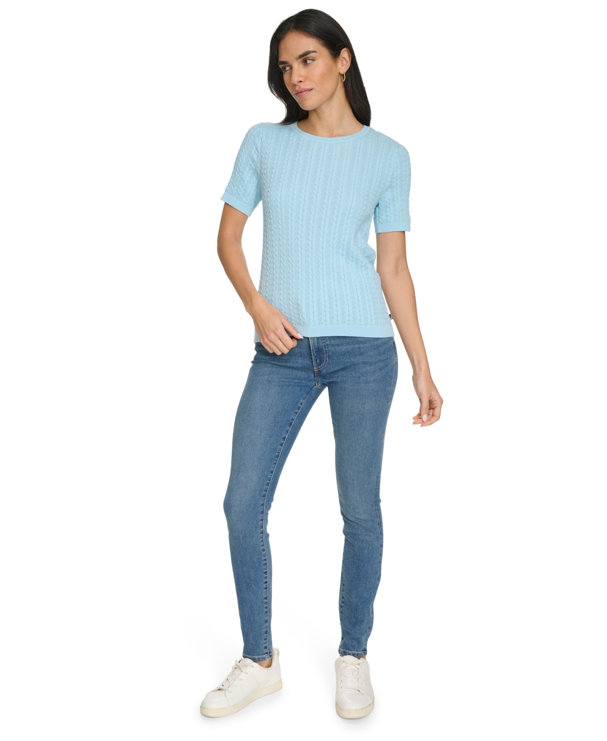 Nautica Jeans Women's Short Sleeves Rope Cable Sweater In Porcelain Blue