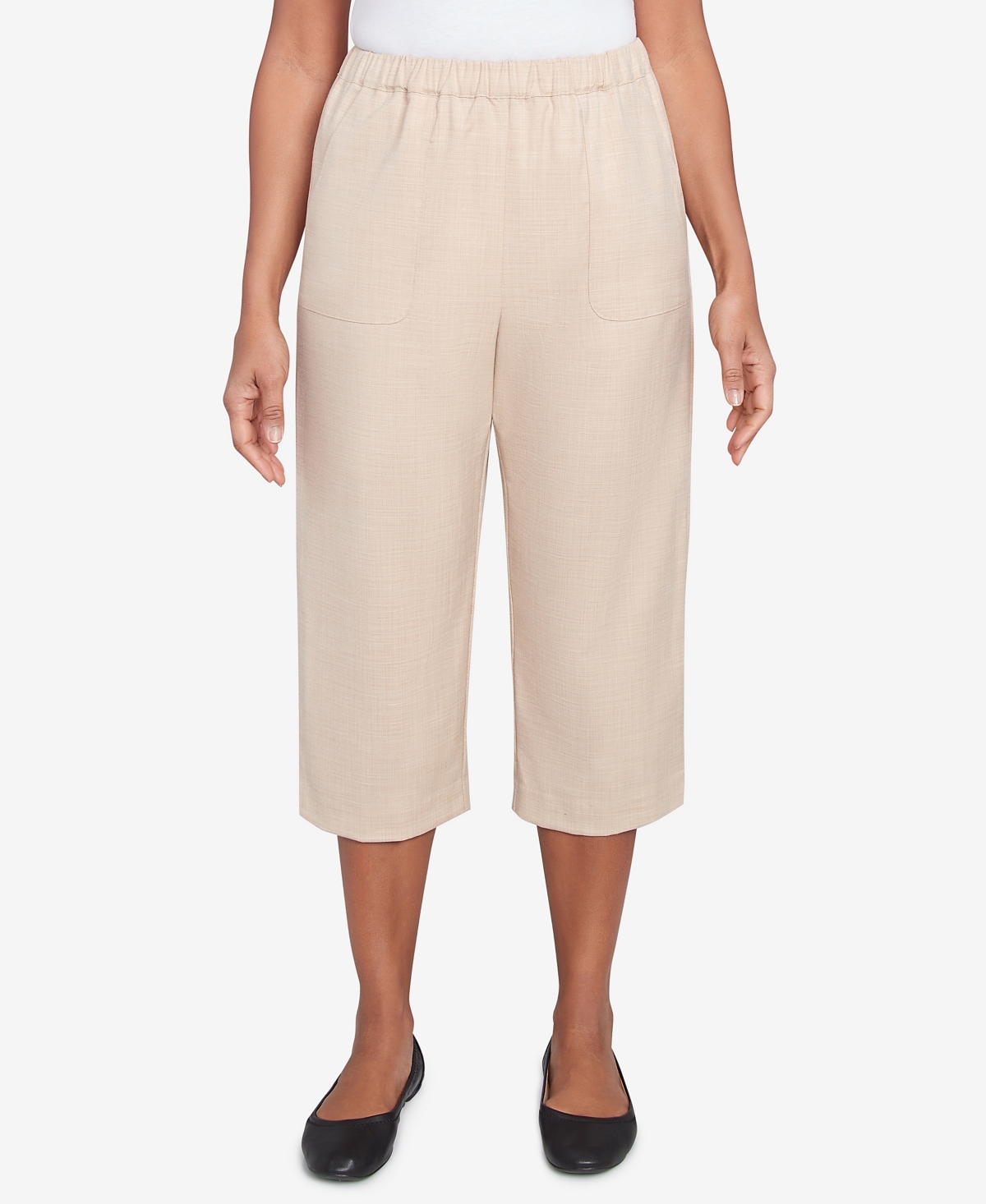 Alfred Dunner Plus Size Catalina Island Patch Pockets Elastic Waistband Capris Pants In Linen
