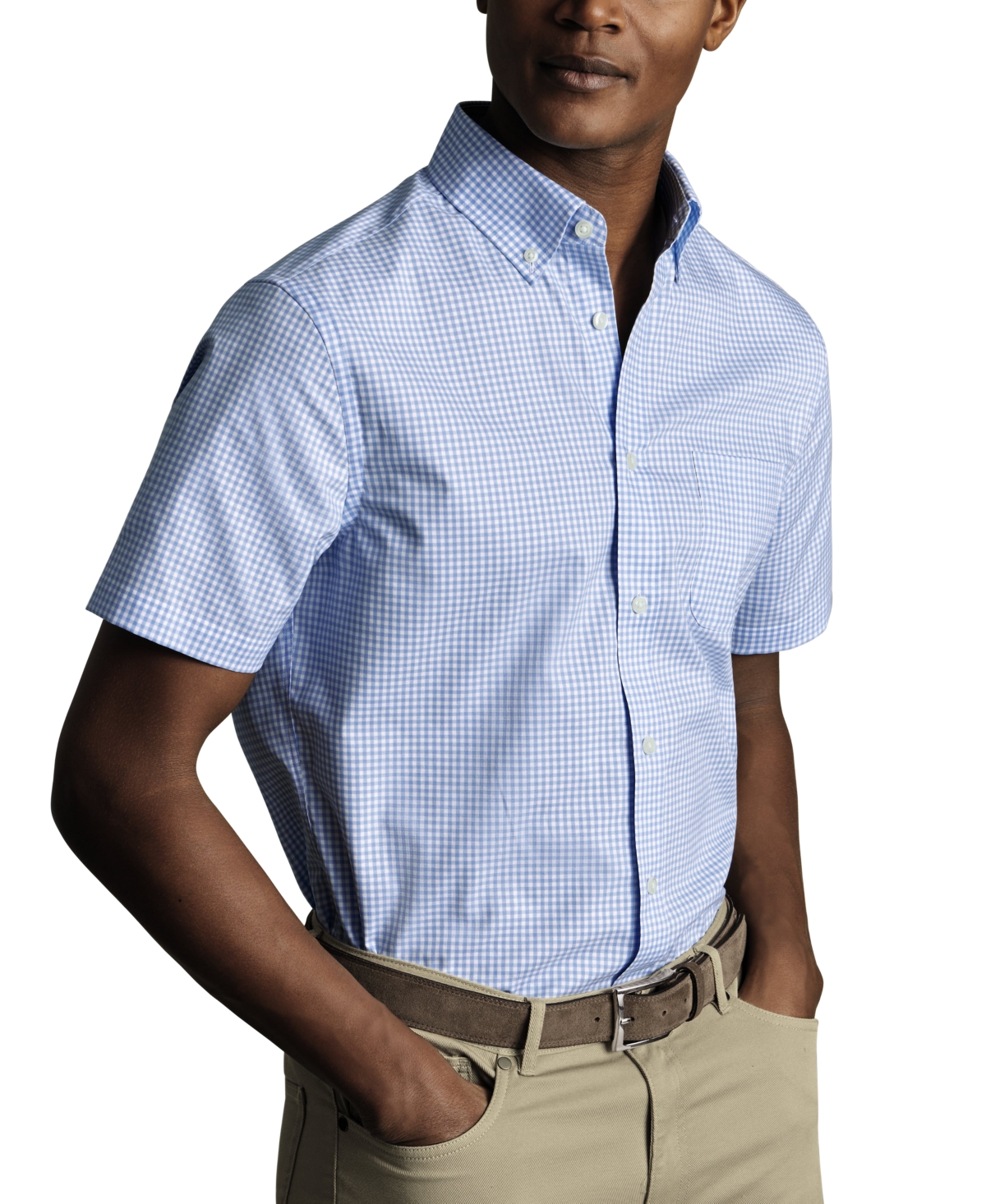 Men's Slim Fit Short Sleeve Wrinkle-Resistant Button-Down Shirt - Pink Gingham
