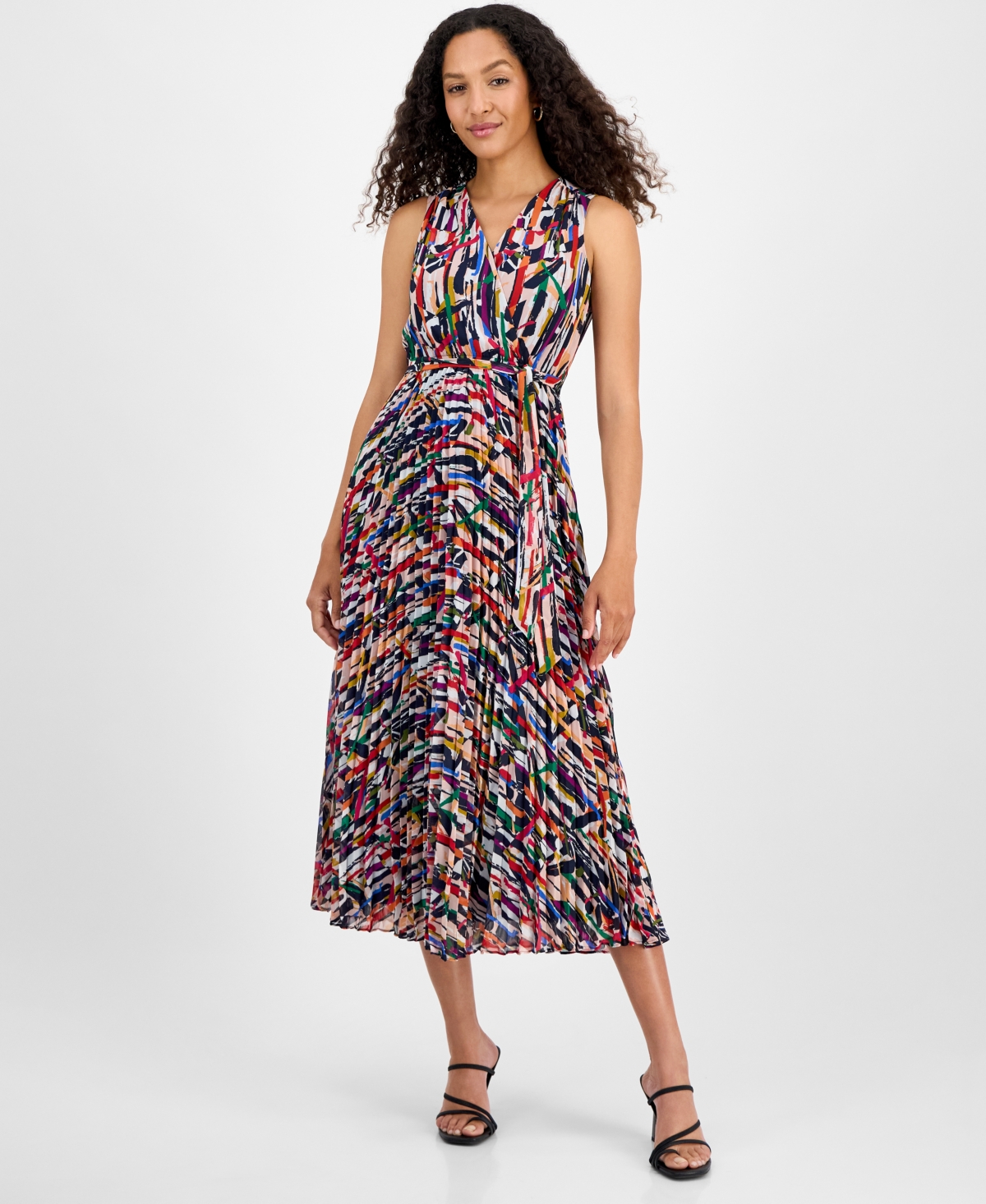 Petite Printed Pleated Chiffon Maxi Dress - White Multi