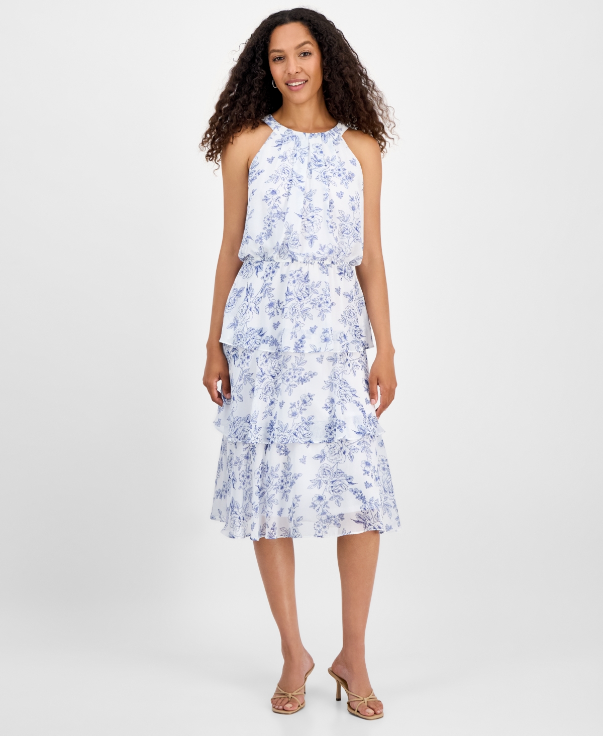 Robbie Bee Women's Tiered Floral Chiffon Fit & Flare Dress In Blue