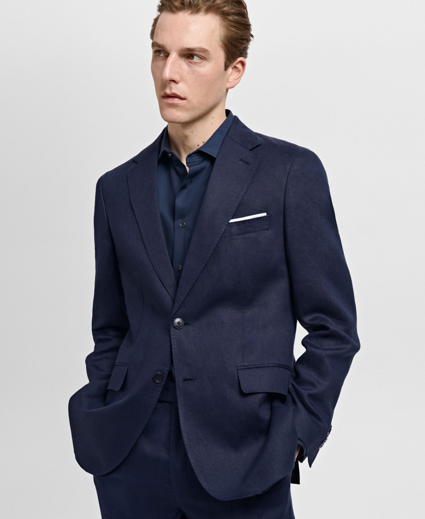 Мужской пиджак MANGO Slim-Fit Tailored Linen Blazer, цвет: Тёмный тёмно-синий — фото 3