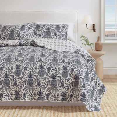 Cotton Stitched Reversible Coastal Quilt and Sham Set