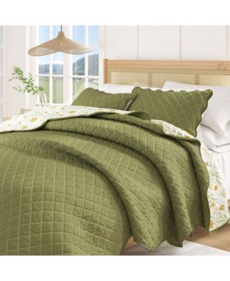 Cotton Stitched Reversible Floral 3 Piece Quilt and Sham Set