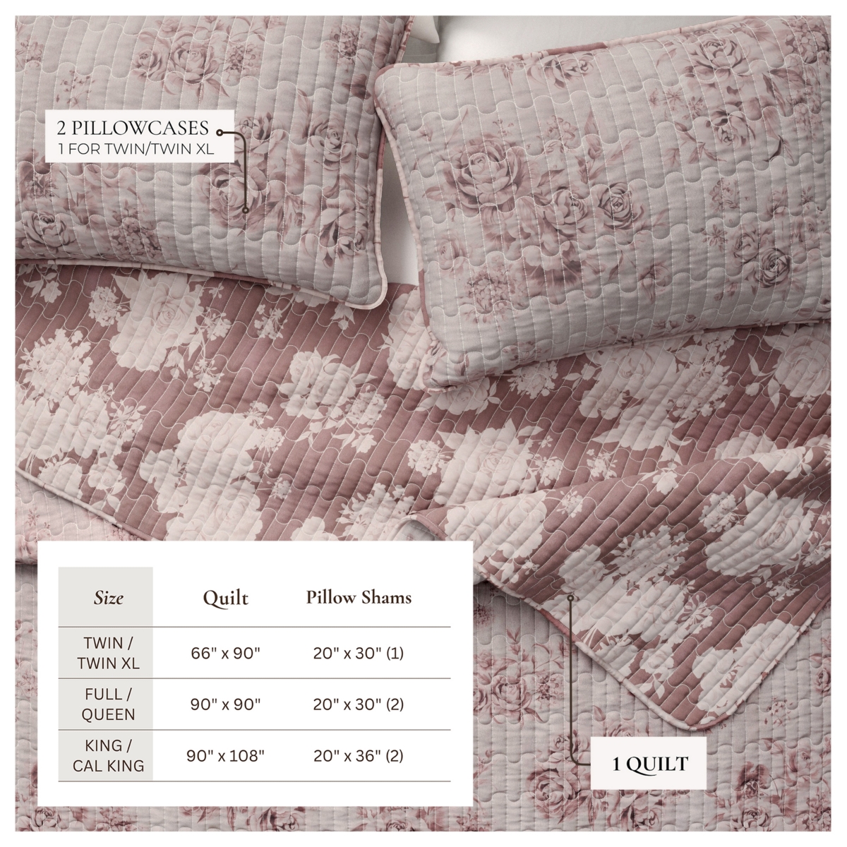Linery & Co. Cotton Stitched Reversible Floral 3 Piece Quilt and Sham Set