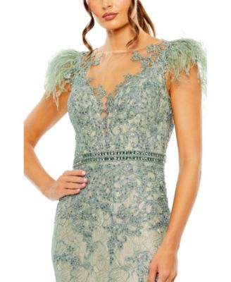 Women's Embellished Feather Cap Sleeve Illusion Neck Trump