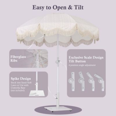 6Ft Fringe Patio Umbrella with Push Button Tilt Carry Bag