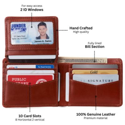 Mens Genuine Leather RFID Safe Bifold Wallet Passcase 2 ID Windows