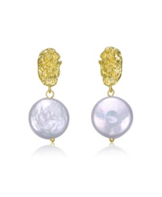 Sterling Silver 14K Gold Plated with Coin Shapped Freshwater Pearl Dangle Earrings