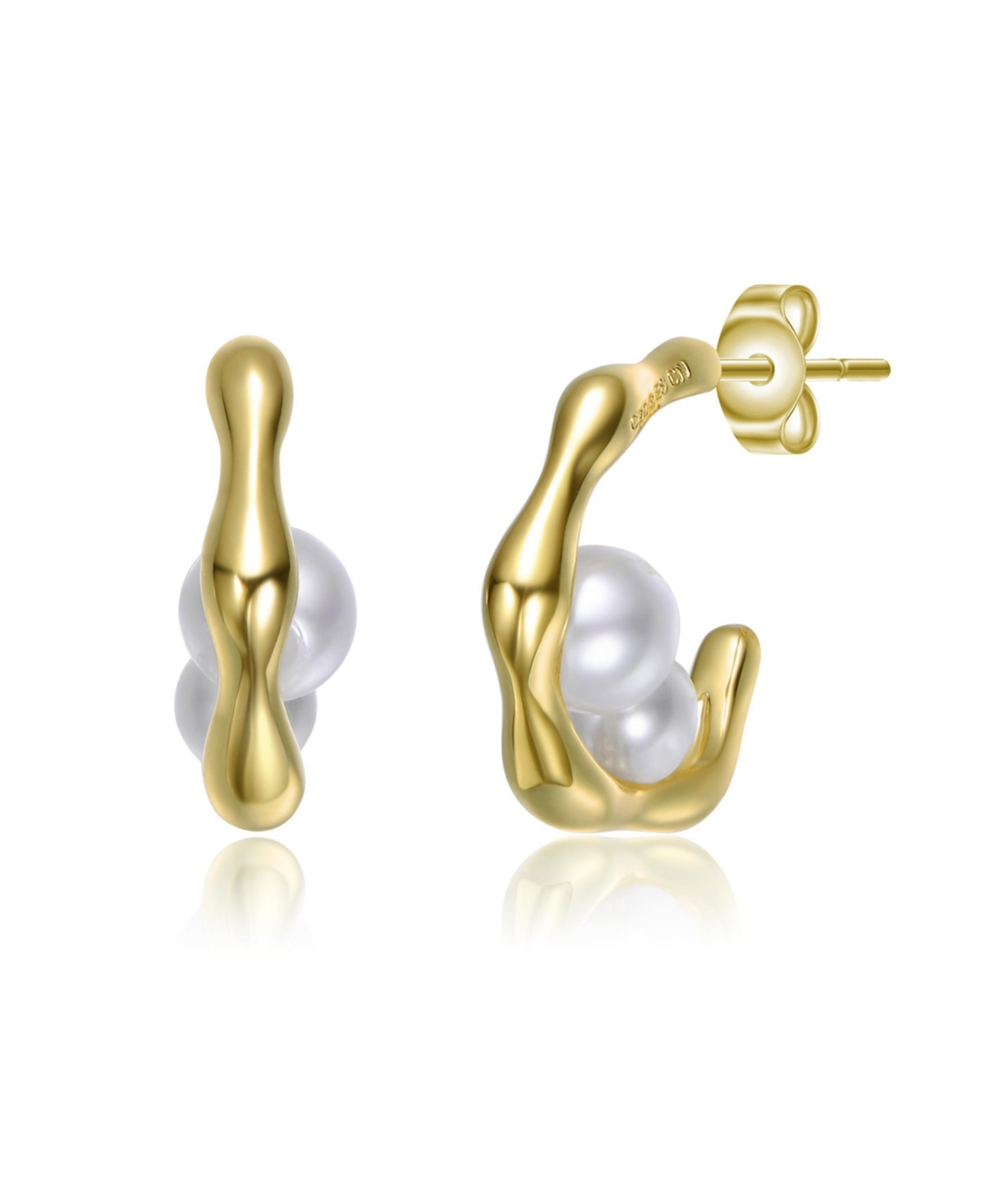 14K Gold Plated with Curved Design and Pearl Accent Modern Huggie Earrings - Gold