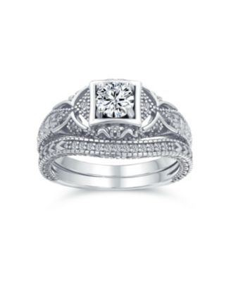 Deco Style Milgrain 1CTW Cubic Zirconia Promise Ring Set Sterling Silver