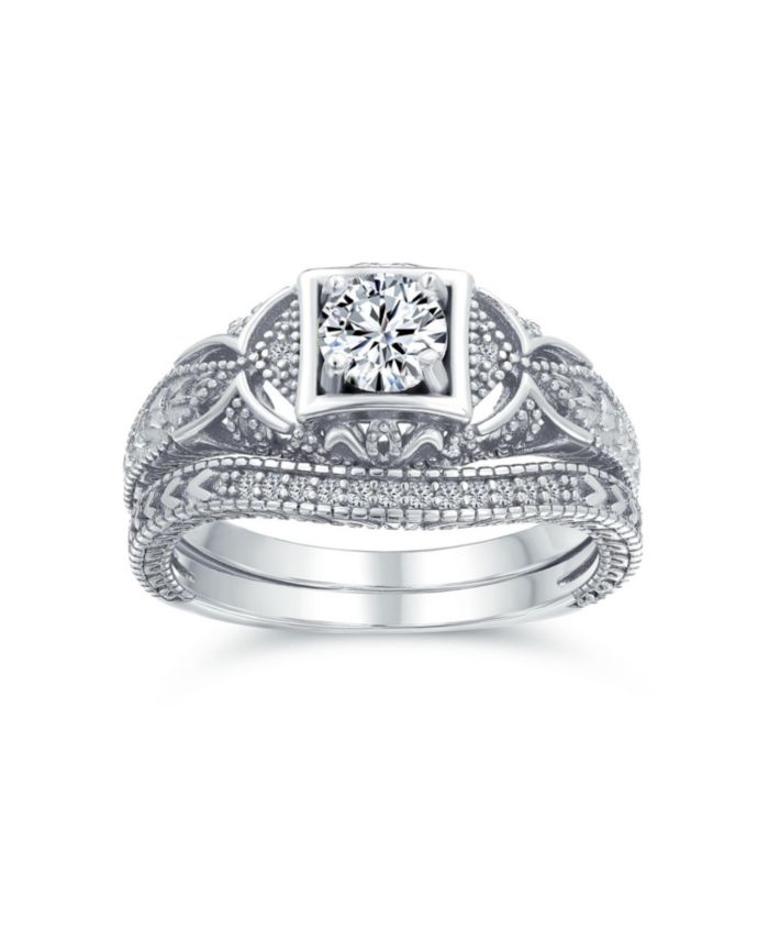 Bling Jewelry Deco Style Milgrain Cubic Zirconia Promise Ring Set Sterling