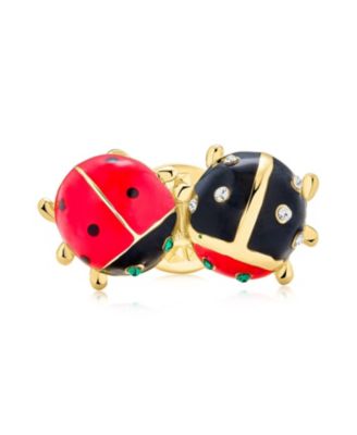 Lucky 2 Ladybug Red Black Gold Plated Enamel Green Eye Crystal Insect Lapel Push Pin