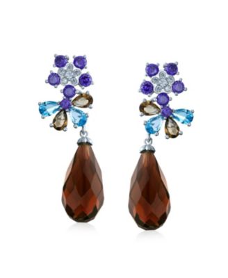 Purple Burgundy CZ Cubic Zirconia Fashion Flower Statement Dangle Teardrop Earrings Silver Plated