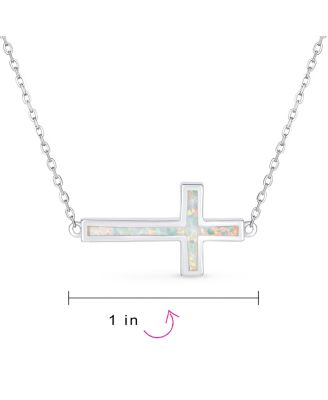 Minimalist Simple Created White Opal Inlay Horizontal Sideways Cross Necklace Station Pendant .925 Sterling Silver
