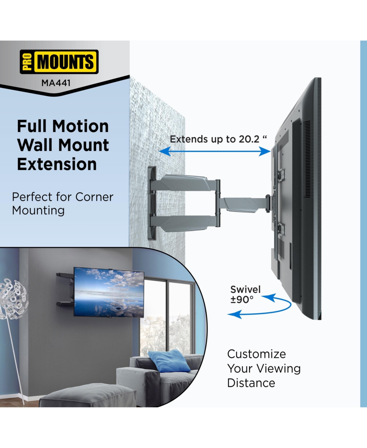 ProMounts Full Motion Tv Wall Mount for 32”-65” Screens, Holds up to 70lbs