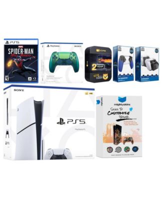 Playstation 5 Slim Disc with Spider-Man: Miles Morales, Extra Galactic Purple Controller, Trigger Stop Kit, Charge Dock and MightySkins Decal Voucher + 2 Year CPS Extended Warranty