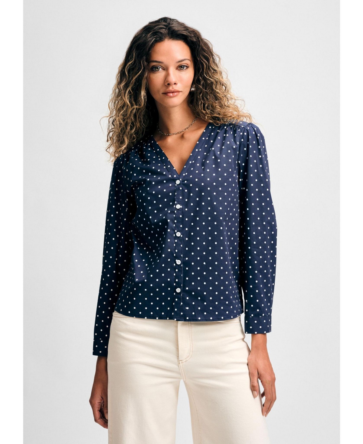 Women's Long Sleeve V-Neck Button Down Blouse - Navy/white dot