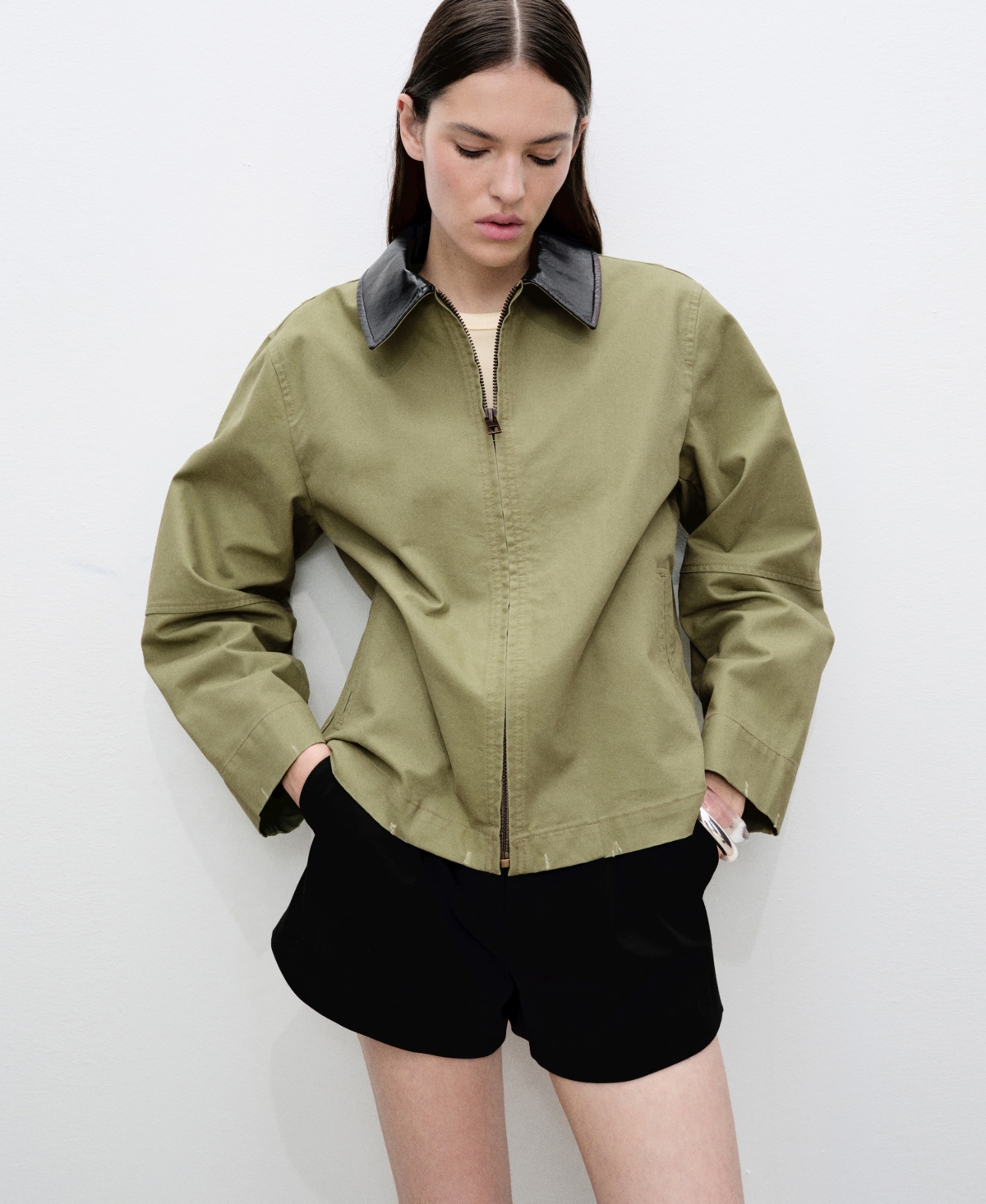 Mango Contrast Collar Cotton Jacket Khaki In Khaki