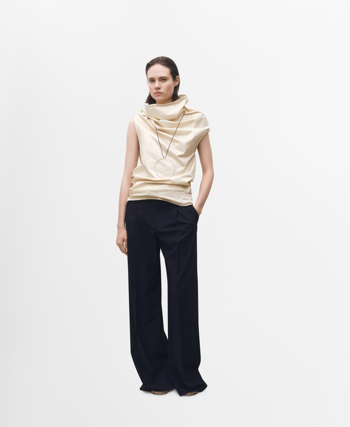 Women's Wide Leg Wool-Blend Pleated Pants - Navy