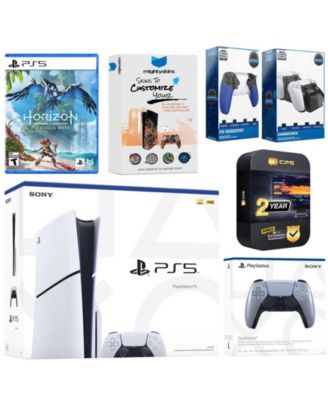 Playstation 5 Slim Disc with Horizon Forbidden West, Extra White Controller, Trigger Stop Kit, Charge Dock and MightySkins Decal Voucher + 2 Year