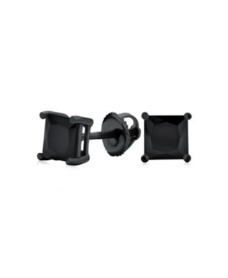 Black Square Solitaire Cz Stud Earrings Secure Screw Back Black Plated .925 Sterling Silver