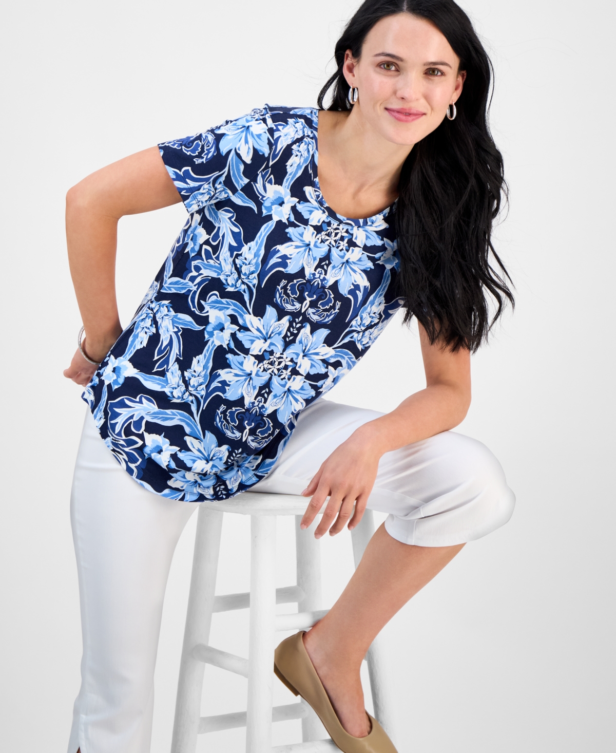Jm Collection Petite Bali Escape Short-sleeve Top, Exclusively At Macy's