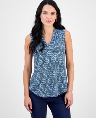 JM Collection - Petite Greta Geo-Print Sleeveless V-Neck Top
