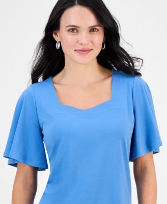 売れ筋商品|||ジェイエムコレクション カットソー トップス レディース Petite Medallion-Print Flutter-Sleeve Top, Exclusively at Macy's Montauk Blue Cb JM Collection Petite Flutter-Sleeve Square-Neck Top
