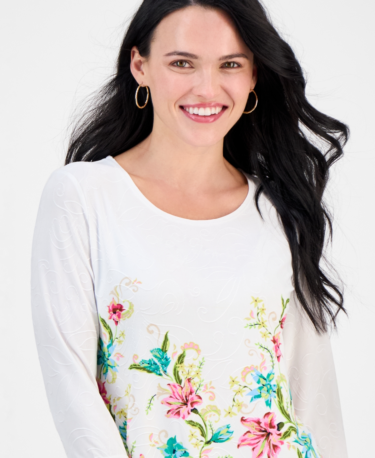 JM COLLECTION PETITE JACQUARD 3/4-SLEEVE TOP, EXCLUSIVELY AT MACY'S 