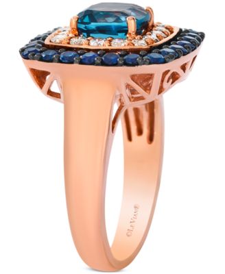 Deep Sea Blue Topaz (1-1/2 ct. t.w.), Blueberry Sapphire (7/8 ct. t.w.) & Nude Diamond (3/8 ct. t.w.) Cushion Halo Ring in 14k Rose Gold
