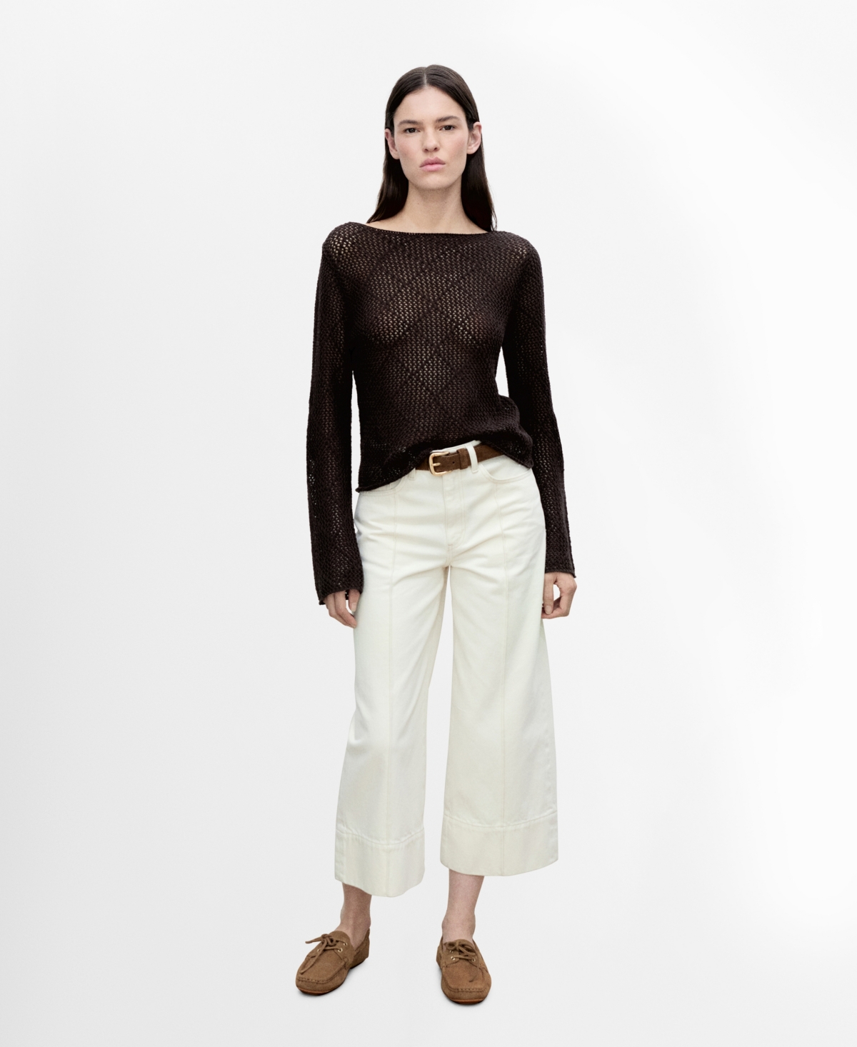 Mango Openwork Knit Cotton Sweater Chocolate In Chocolate