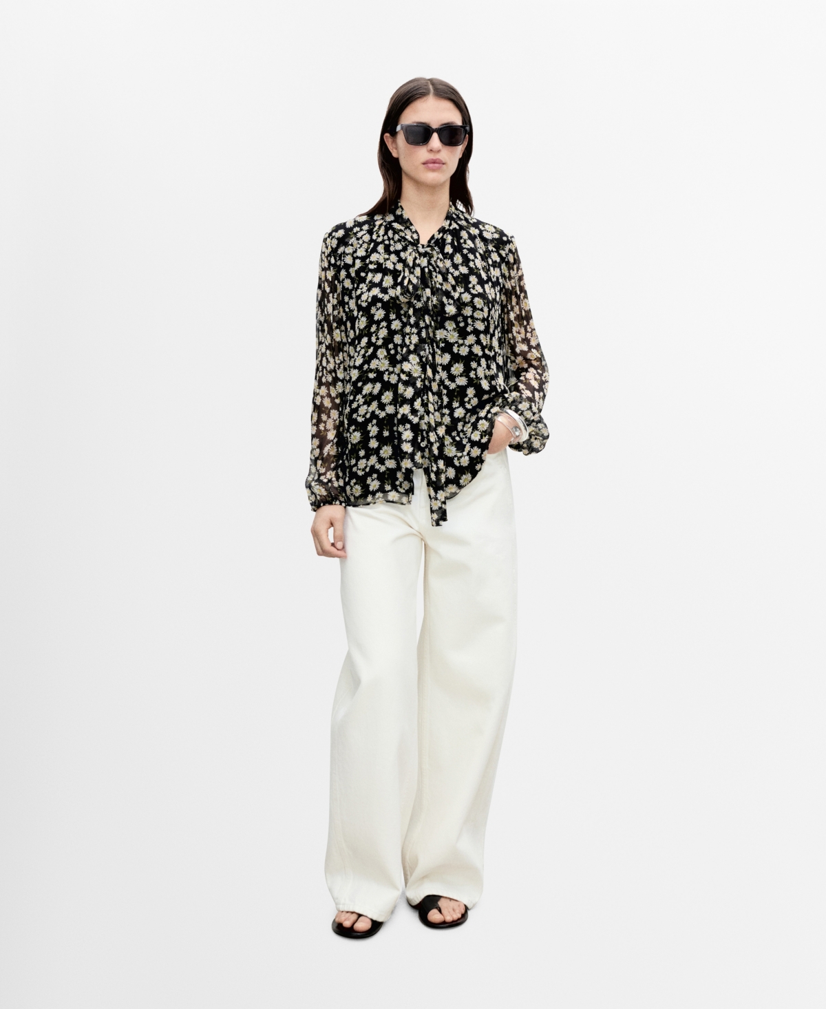 Mango Floral Tie Blouse Black In Black