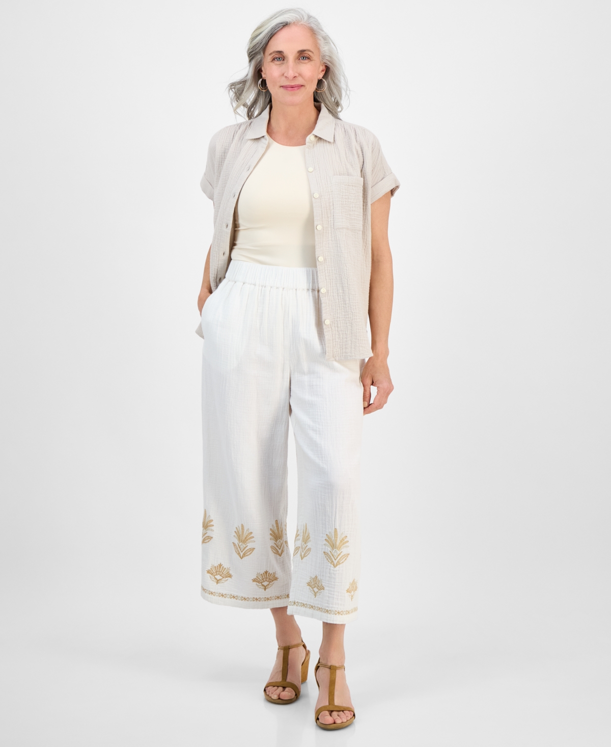 Petite Cotton Embroidered Pull-On Pants, Exclusively at Macy's - Shiitake