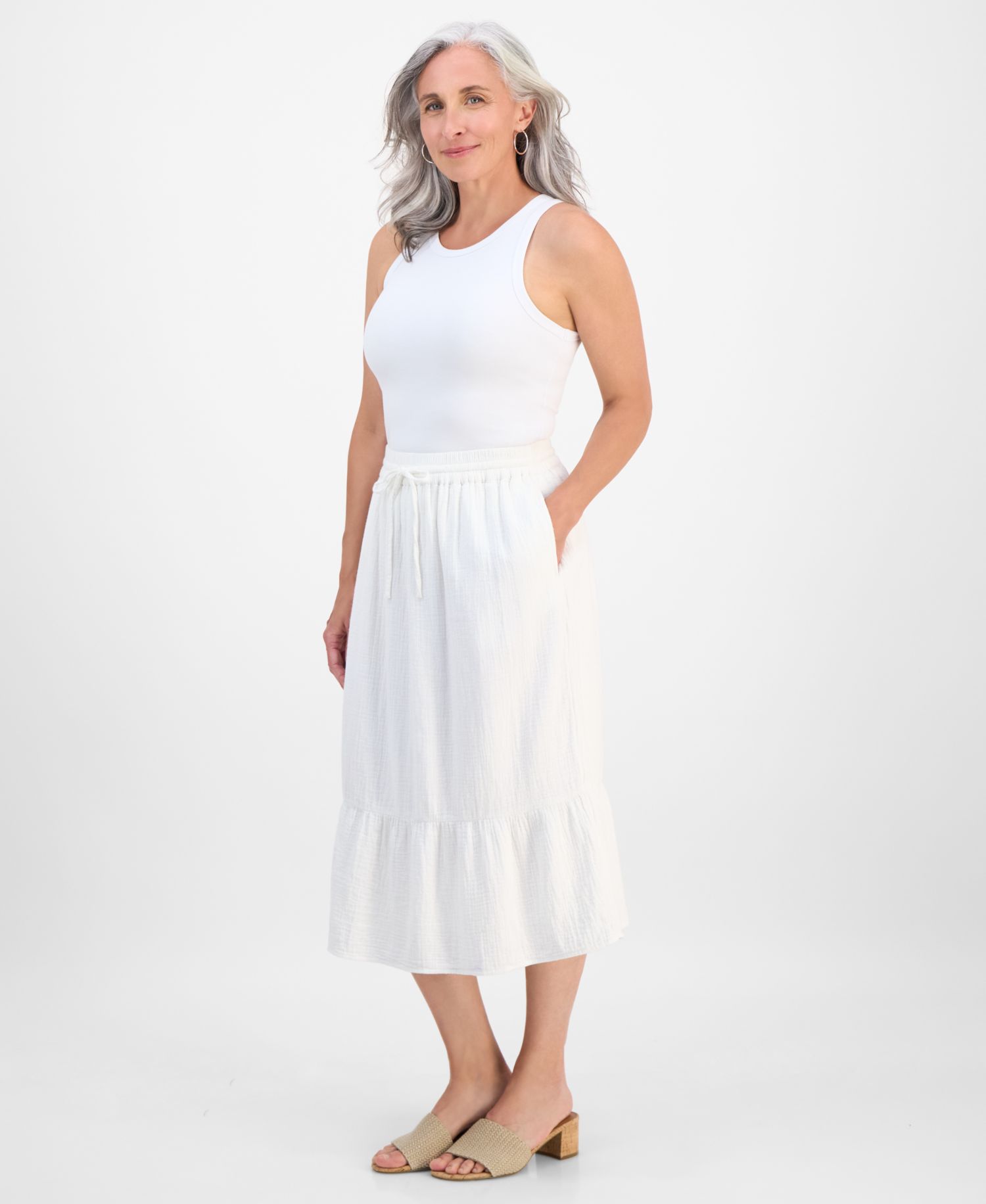 Petite Cotton Gauze Tiered Pull-On Midi Skirt