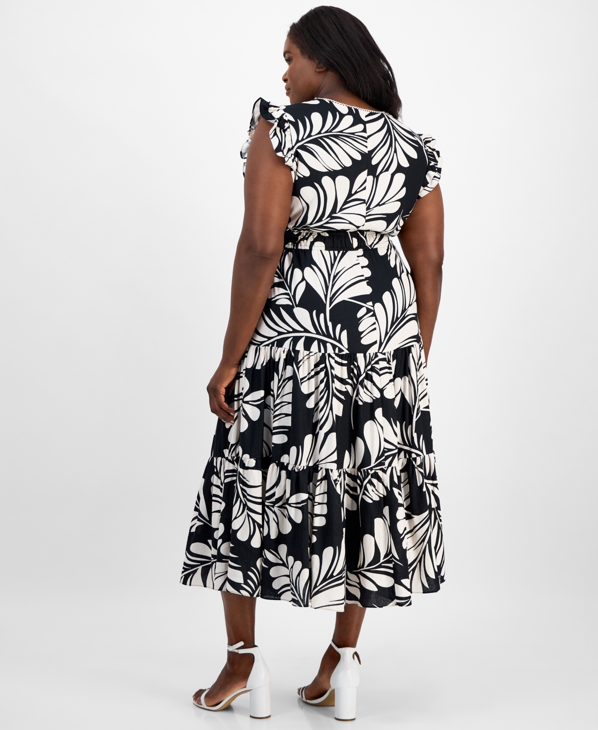 Anne Klein Plus Size Printed V-neck Ruffled Midi Dress In Black