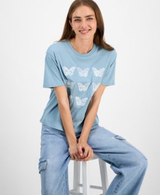 Juniors' Lace Appliqué Butterfly T-Shirt