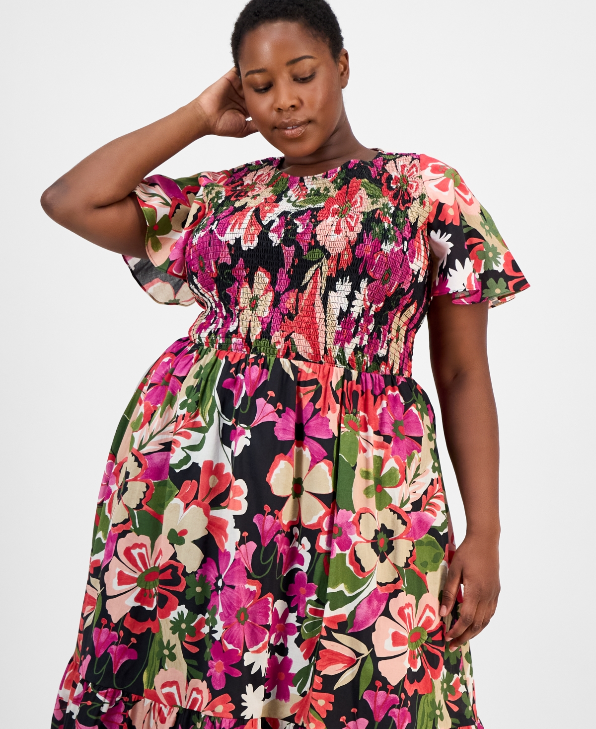 Anne Klein Floral Smocked Flutter Sleeve Cotton Maxi Dress In Multi