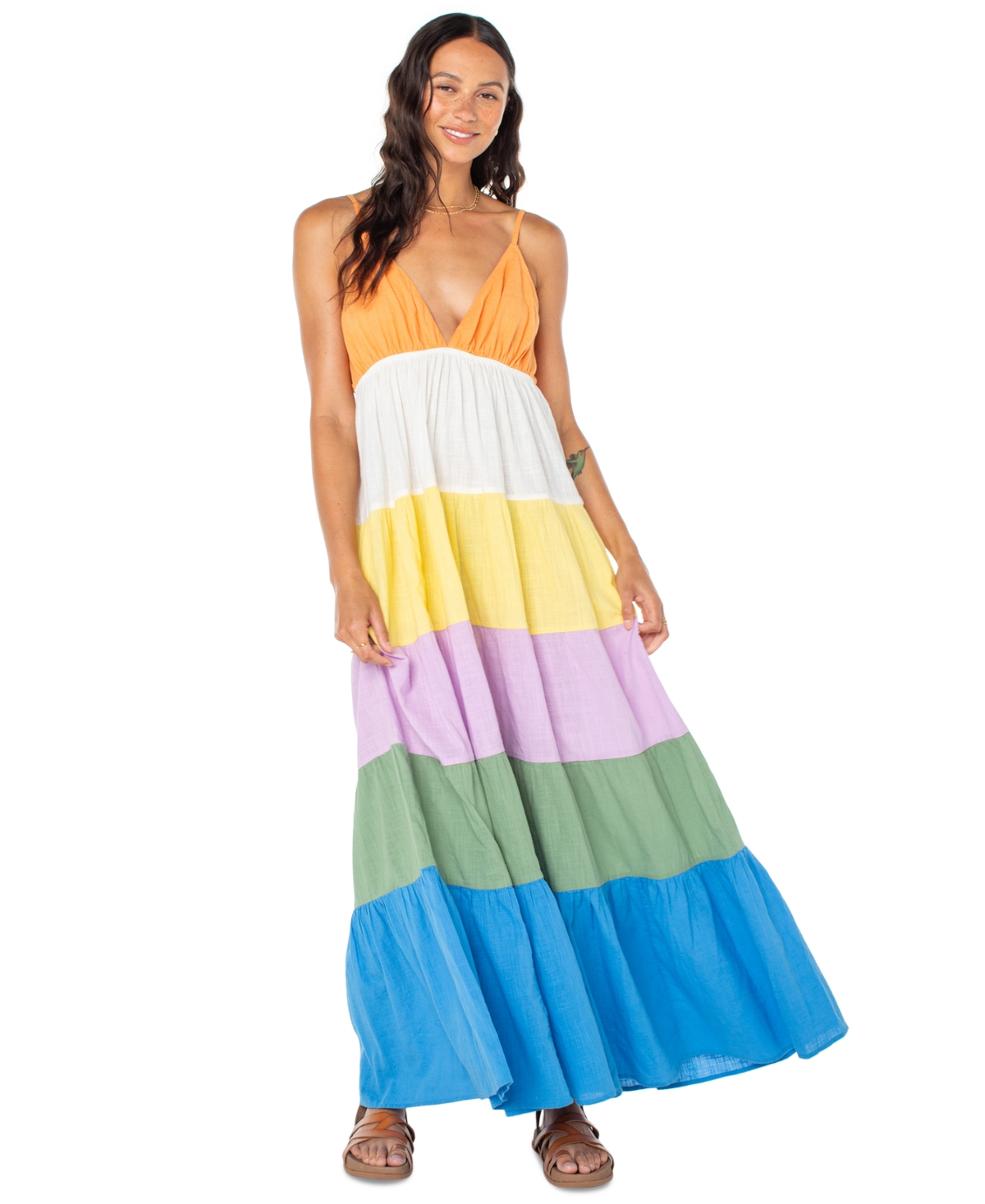 Roxy Juniors' Honolulu Glow Cotton Tiered Open-back Maxi Dress