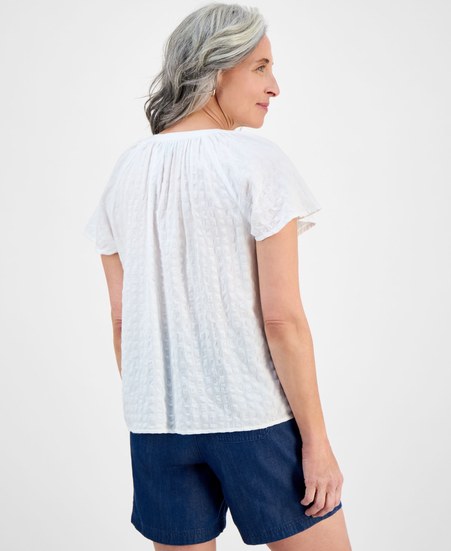 Petite Paisley Bloom Flutter-Sleeve Popover Top