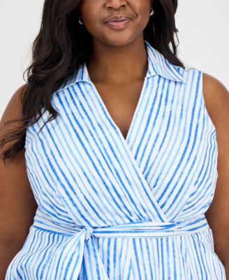 Plus Size Cotton Striped Faux-Wrap Shirtdress