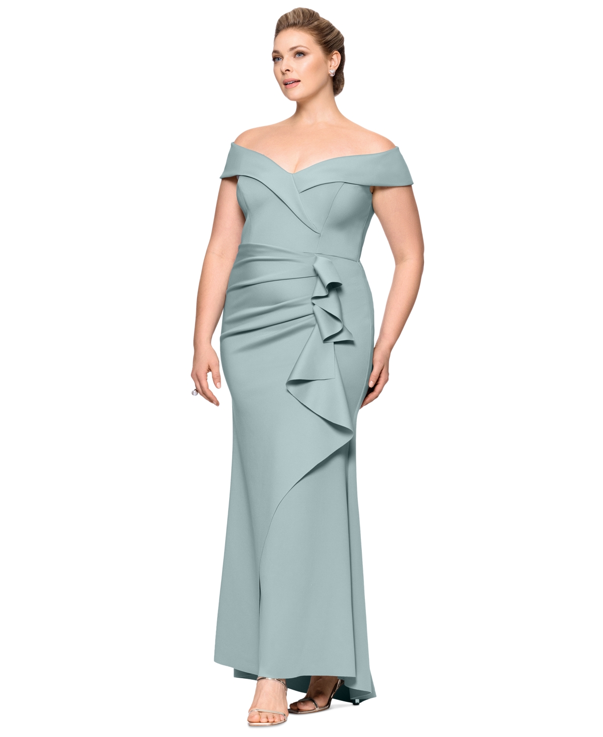 Xscape Plus Size Off-the-shoulder Scuba Crepe Gown In Sage