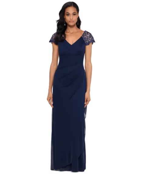 Petite Lace-Shoulder Gown - Navy Blue