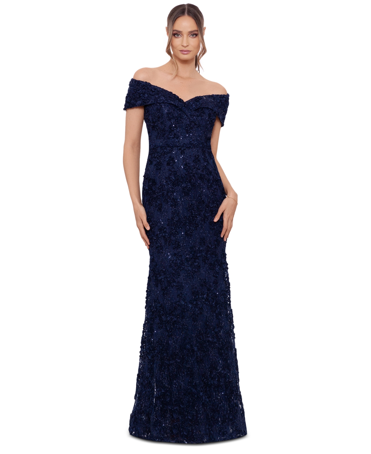 Petite Off-The-Shoulder Lace Gown - Navy