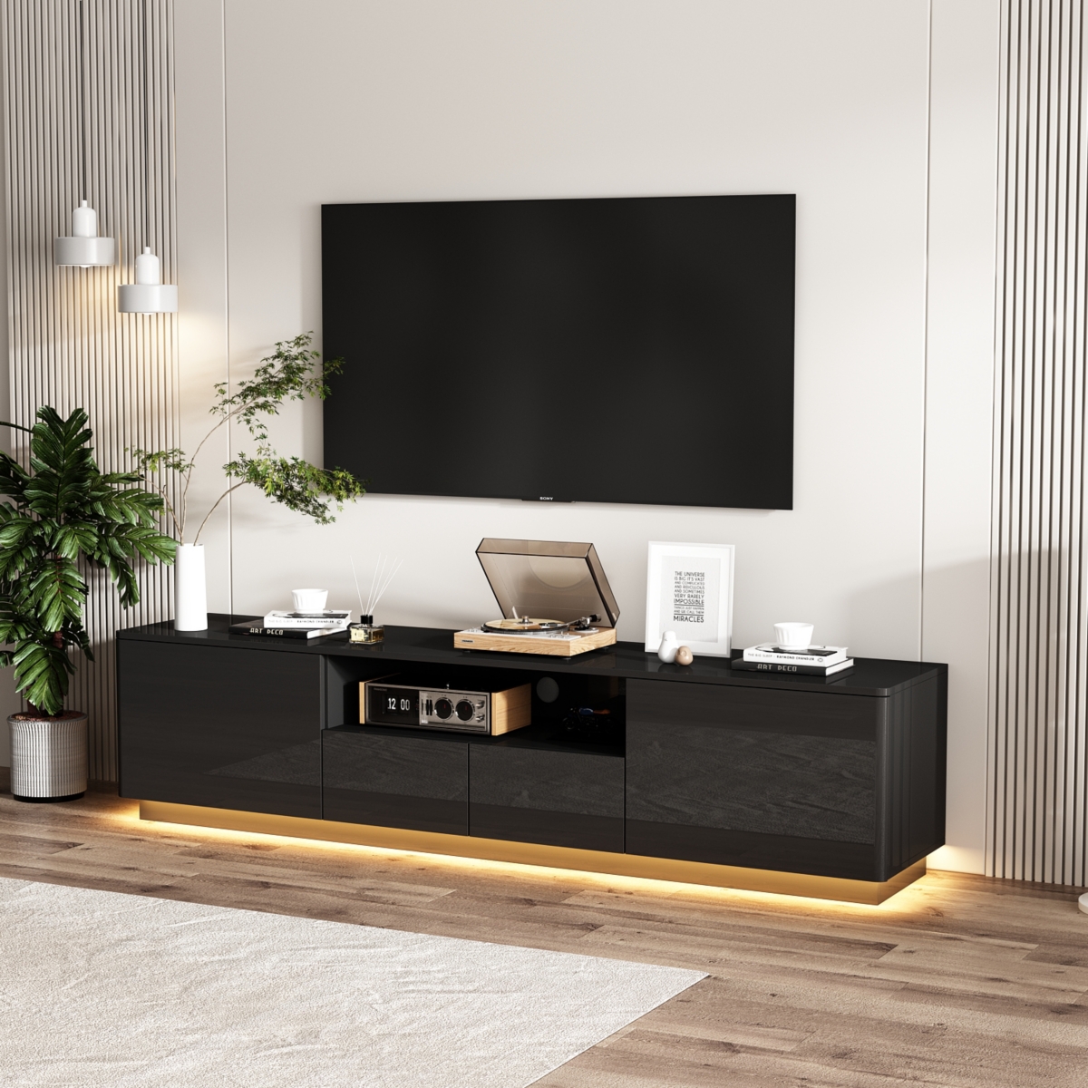 Tv stand with 4 drawers, media console with light strip, entertainment center in black wood - Black