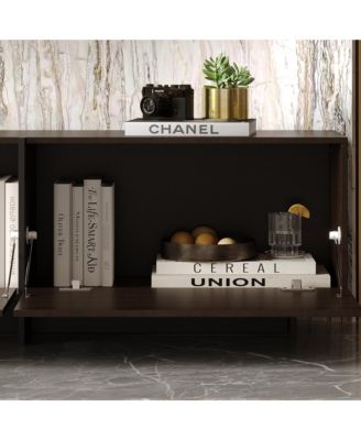 Flip-down 3-door TV stand, black wood media console, multi-purpose entertainment center