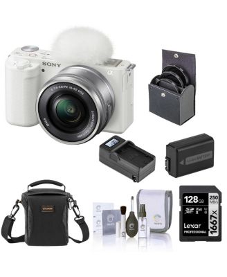 ZV-E10 Mirrorless Vlog Camera with 16-50mm Lens, White - Bundle with 128GB SD Card, Shoulder Bag, Extra Battery, Charger, 40.5mm Filter Kit