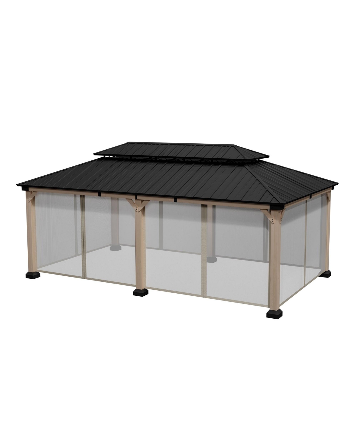 12 x 20 Feet Cedar Solid Wood Frame Galvanized Steel Double Top Gazebo Equipped with 4 Pieces of Mosquito Netting - Brown black